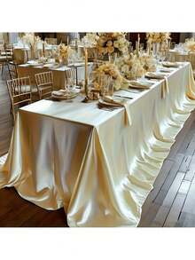 1 Piece Royal Champagne Tablecloth - Elegant Rectangular Tablecloth With Gold Decoration, Machine Made, Anti-Wrinkle Polyester Satin Fabric For Weddings, Birthdays, Parties, Holidays And Special Events - Luxury Table Decor, Party Table Decor, Wedding Tablecloth, Elegant Design, Smooth Texture