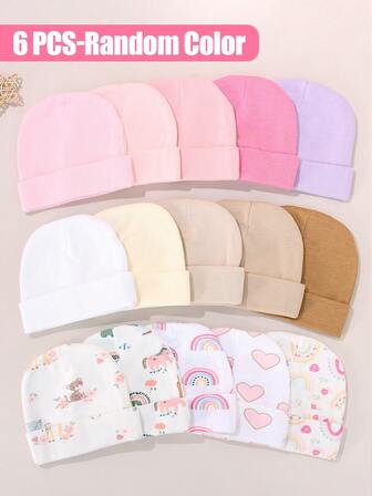 Set de 6 gorros de bebé recién nacido de 0-3M, sólidos y estampados, cálidos y protectores, lindos y casuales para uso diario, adecuados para recién nacidos para uso al aire libre