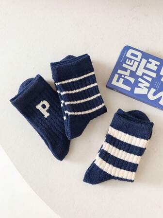 3双装儿童保暖加厚字母条纹袜，秋冬季