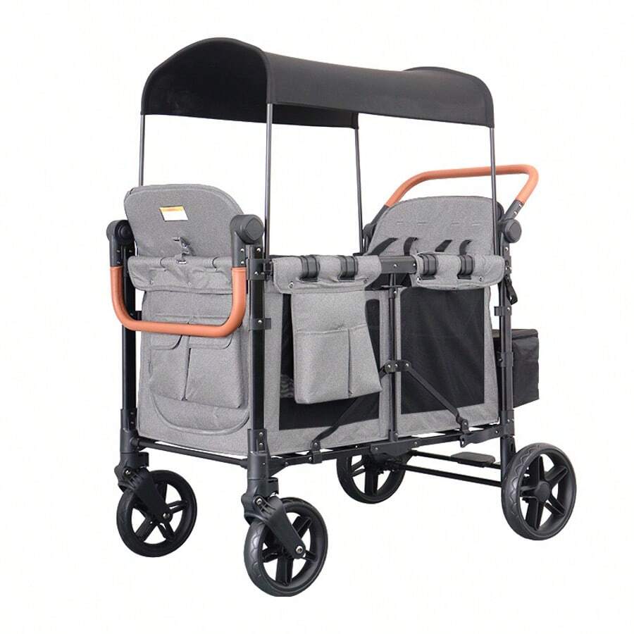 Lightweight Folding Double Stroller - 4-In-1 Adjustable Handle And Canopy, Tray Table And Cup Holder - Durable Newbornant Travel Baby Carriage (Gray/Black), For Everyday Shopping And Travel, Stability Wheels Design - 灰色 - 查看 1