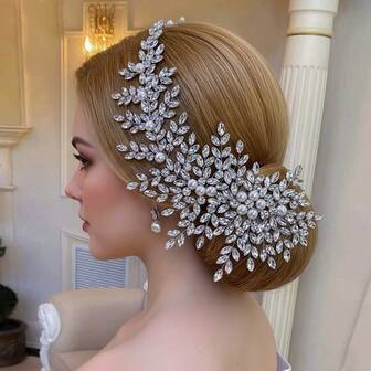 1 pieza Diadema nupcial de lujo con rhinestones, tocado hecho a mano con perlas incrustadas, accesorio elegante para el cabello de boda, regalo de Navidad