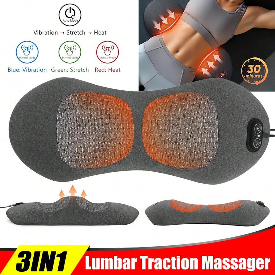 3 In 1 Electric Lumbar Traction Massager Pillow Vibration Heating Back Sciatica Pain Relief - Dark Grey - View 1
