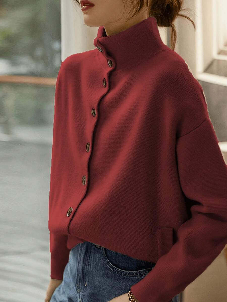 Áo khoác cardigan dệt kim tay dài cổ đứng cài cúc đơn màu trơn dành cho nữ mùa xuân, kiểu dáng thanh lịch tối giản có túi, đa năng cho công sở và phong cách đường phố. - Màu Đỏ Sâu - Xem 1