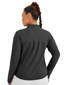 Plus Size Women's Sports Jacket, Solid Color Slim Fit Sports Jacket With Thumb Hole Cuffs, Side Pockets, Breathable Stretchy Long Sleeve Yoga Running Fitness Jacket