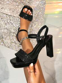 Women's New Square Toe Thick High Heel Shoes, Fashionable Sexy Sparkling Rhinestone Black High Heels, Elegant For Formal Party, Date, Dress, Halloween, Christmas, Thanksgiving, New Year - Black - View 1