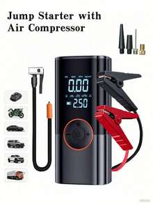 5000A 150PSI 汽车应急启动电源，带空气压缩机、12V 便携式汽车电瓶增压器、启动线、液晶显示屏和 LED 手电筒 - 彩色 - 查看 12