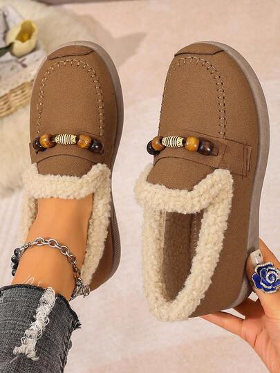 Women's Winter Snow Boots, Fashionable Slip-On Design, Anti-Slip, Warm, Beaded Decor Short Boots For Outdoor Hiking