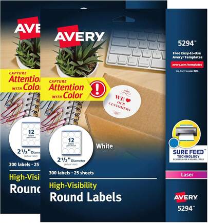 High Visibility Printable Round Labels With Sure Feed, 2.5 Diameter, White, Laser Printer, 300 Per Pack, 2 Packs, 600 Customizable Blank Labels Total (45294)SpecialForCanada