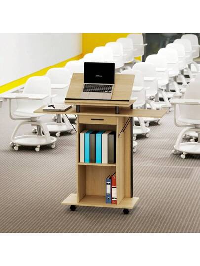 HOMCOM Rollbarer Podium St Lectern Folding Side Wings, Laptop Bureau Drawer Shelves, Oak Look view 3