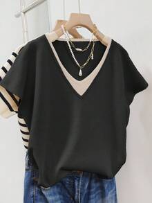 Plus Size Casual V-Neck 2 In 1 Short Sleeve Knit Top - Black - View 2