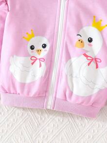 معطف أطفال بنات مطبوع بتصميم أنيق للتاج والبجعة، أكمام طويلة مزود بغطاء رأس وسحاب، مناسب للخروجات اليومية في فصلي الخريف والشتاء - وردي - مشاهدة 7
