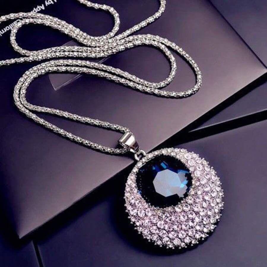Fashion Sweater Chain Women's High-End Sense Light Luxury Long Necklace Niche Personality Versatile Autumn And Winter Jewelry Pendant - 5.藍水滴羽毛 - 查看 1