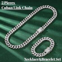2 PCS Cuban Link Chain Iced Out Miami Cuban Necklace Bracelet Bling Hop Jewelry Men Women - 銀色 - 查看 11