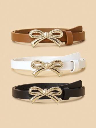 3pcs Kids Bowknot Skinny Waist Belt, High Quality PU Waist Strap For Jeans, Dresses
