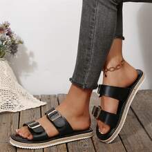 Women Shoes Flats Sandals Dressy Comfortable Flats Slides Buckle Summer Beach Sandals Outdoor Walking Travel - 黑色 - 查看 7