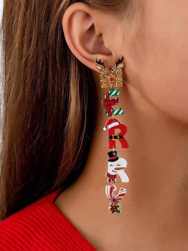 1 Pair Fashionable Christmas Acrylic Gingerbread Letter Dangle Earrings, Suitable For Daily Wear