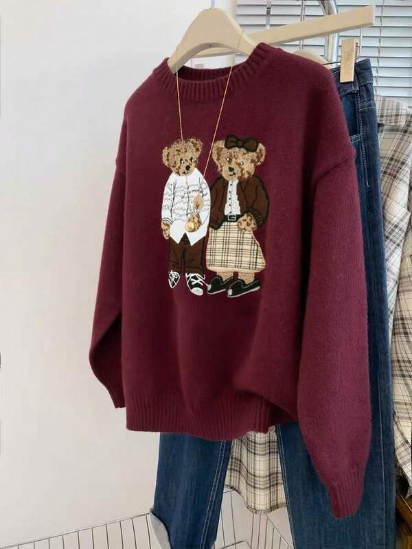 2025 Autumn/Winter New Retro Cartoon Bear Embroidered Loose Fit Round Neck Long Sleeve Sweater, Women Plus Size, Suitable For Casual Wear, Halloween, Saudi National Day, New Year, Outerwear, Burgundy, Christmas, Autumn/Winter, New Year, Thanksgiving