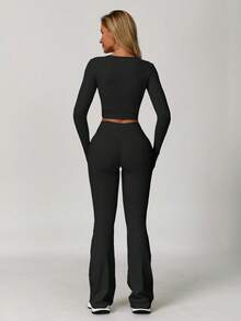 Women's Fashion U-Neck Long Sleeve T-Shirt And Waist Crossover Sports Pants Autumn Winter,Fleece