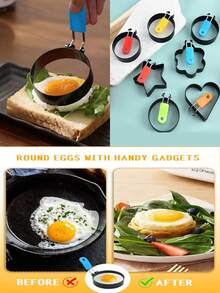5/2/1 煎蛋圈，带防烫折叠手柄的煎蛋圈，圆形、五角星形、花朵形、心形煎蛋圈，不粘煎蛋圈，适用于家庭厨房烹饪鸡蛋煎炸早餐迷你汉堡，厨房用品，厨房小工具 - 彩色 - 查看 4