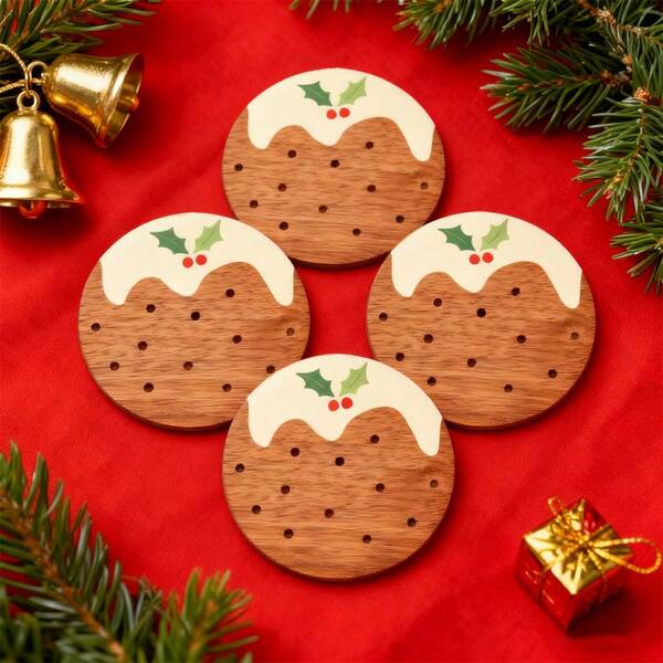 Set Of 6,2D Flat Festive Christmas Pudding Wooden Coasters With Mince Pie And Cherry Patterns, Perfect For Home, Office, Cafe Or Tea Room Decorations, Festive Table Settings|Festive Wooden Coasters, Christmas Decorations, Christmas Gifts, Home Decorations, Kitchen Decorations, Room Decorations, Bedroom Decorations, Kitchen Accessories, Garden Decorations,Choice Of 1, 2 Or 31 Sets