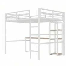 Hochbett 140x200 cm in Schwarz | Eisenrahmen mit Einlegeböden & Schreibtisch | Steckdose+USB-C & Sicherheitsgeländer | Mit Trittleiter ohne Matratze