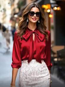 Women's Elegant Red Blouse With Tie Neck Long Regular Sleeves Satin Feel Polyester Top Spring - Red - View 5