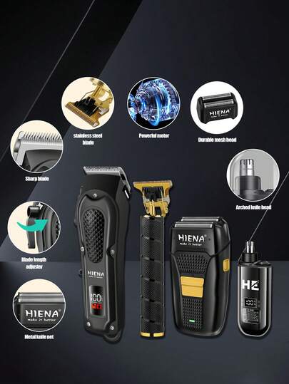 HIENA Men's Hair Cutting Four Piece Set Combination Tool, Including 1 Professional Black Wireless Electric Hair Clipper, T9 Carved Hair Clipper, Mesh Composite Shaver, 360 Degree No Dead Angle Nose Hair Clipper, Equipped With LED Display Screen, Supports USB Portable Fast Charging, Exclusive Men's Ideal Black Trimming Set, Suitable For Hair Salons And Home Use, And Can Also Be Used As A Gift