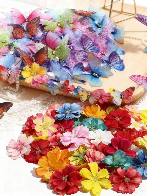 80pcs Artificial Flower Head Double-Layer Sheer Bowknot Set Suitable For Craft 3D Small Ribbon Fabric Butterfly Decal Mini DIY Artificial Color Flower Suitable For Handmade, Car, Cake, Wedding, Party Decoration (Color)