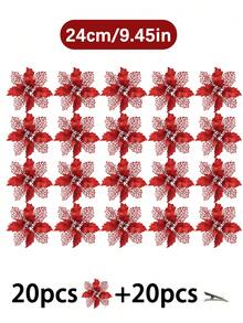 1件/5件/10件/20件 閃亮聖誕花夾飾，適用於聖誕樹裝飾、婚禮與新年派對裝飾、花環，3.5英吋、5.9英吋與9.4英吋花頭，適用於樓梯、窗戶、壁爐與露台 - 紅色 - 查看 21