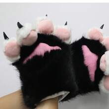 A Pair Of Adorable Plush Cat Paw Gloves-Featuring Soft Fur And Realistic Claws-Perfect For Halloween, Christmas Costumes, And Role-Playing Theme Parties - 黑色 - 查看 5