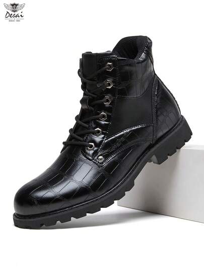 DESAI Men's Autumn/Winter Fleece Lined Boots, Fashion British Style Patchwork Stone Texture Ankle Boots, Warm Work Boots