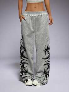 1pc Women Plus Size Fashion Casual High Waist Elastic Ruffle Hem Wide Leg Pants, Autumn/Winter Printed With Pockets