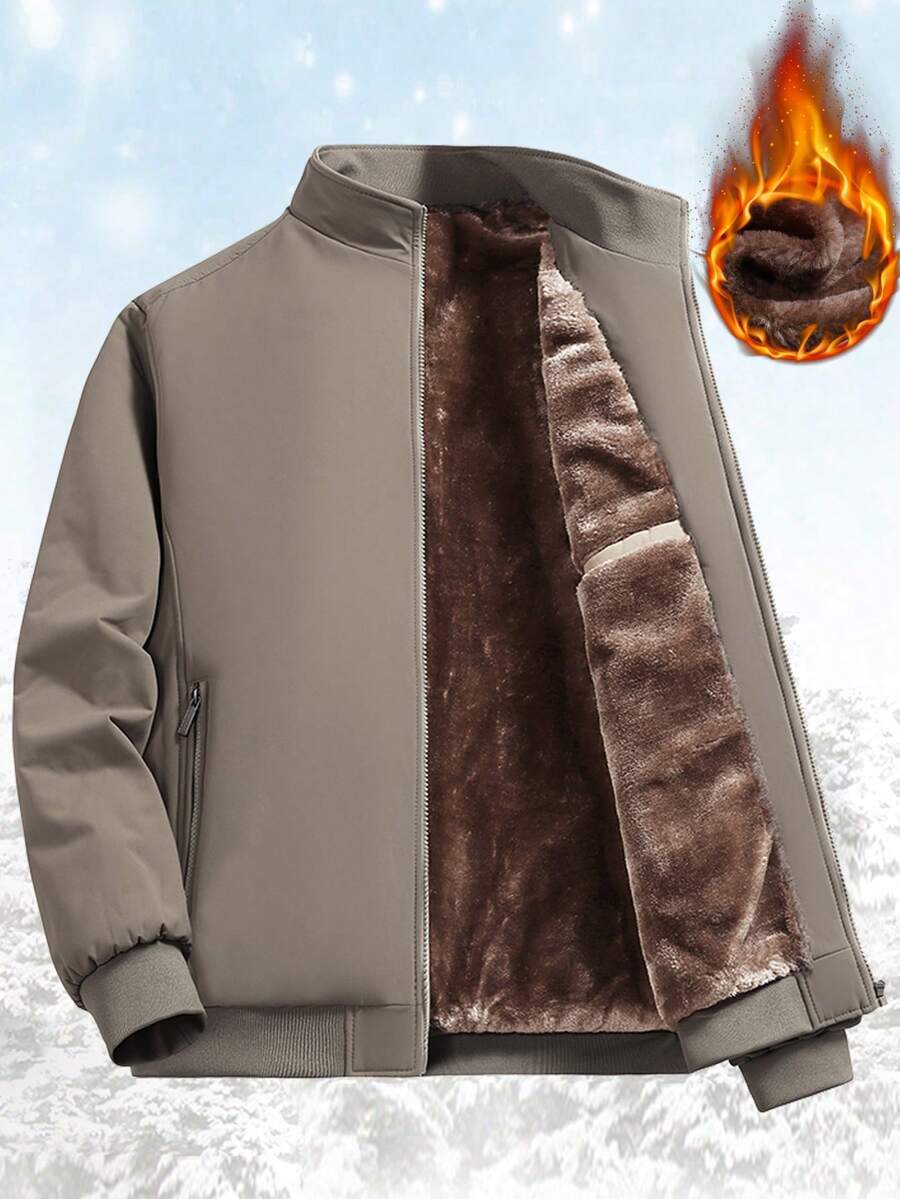 Men's Thick Jacket With Thermal Lined And Zipper, Winter - Khaki - View 1