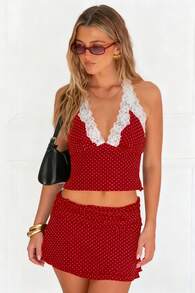 Women's 2-Piece Dress Set Deep V-Neck Lace Trim Polka Dot Ensemble Strapless Top + Mini Skirt - 紅色 - 查看 3