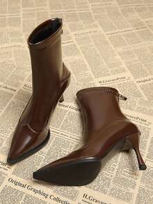 女士冬季踝靴，黑色靴子，棕色靴子，尖头细高跟短靴，高跟靴，优雅女士靴，后拉链设计，日常时尚靴，酒红色高跟鞋 - 棕色 - 查看 2