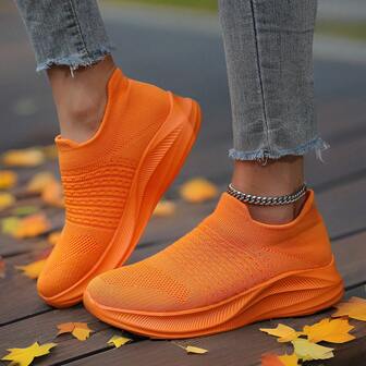 FIREQUEEN 1 Pair 2025 New Women's Orange Slip-On Casual Sneakers, Fashionable Design Lightweight Breathable Casual Running Shoes, Comfortable Elastic Knit Athletic Shoes Suitable For Walking, Workout And Daily Wear