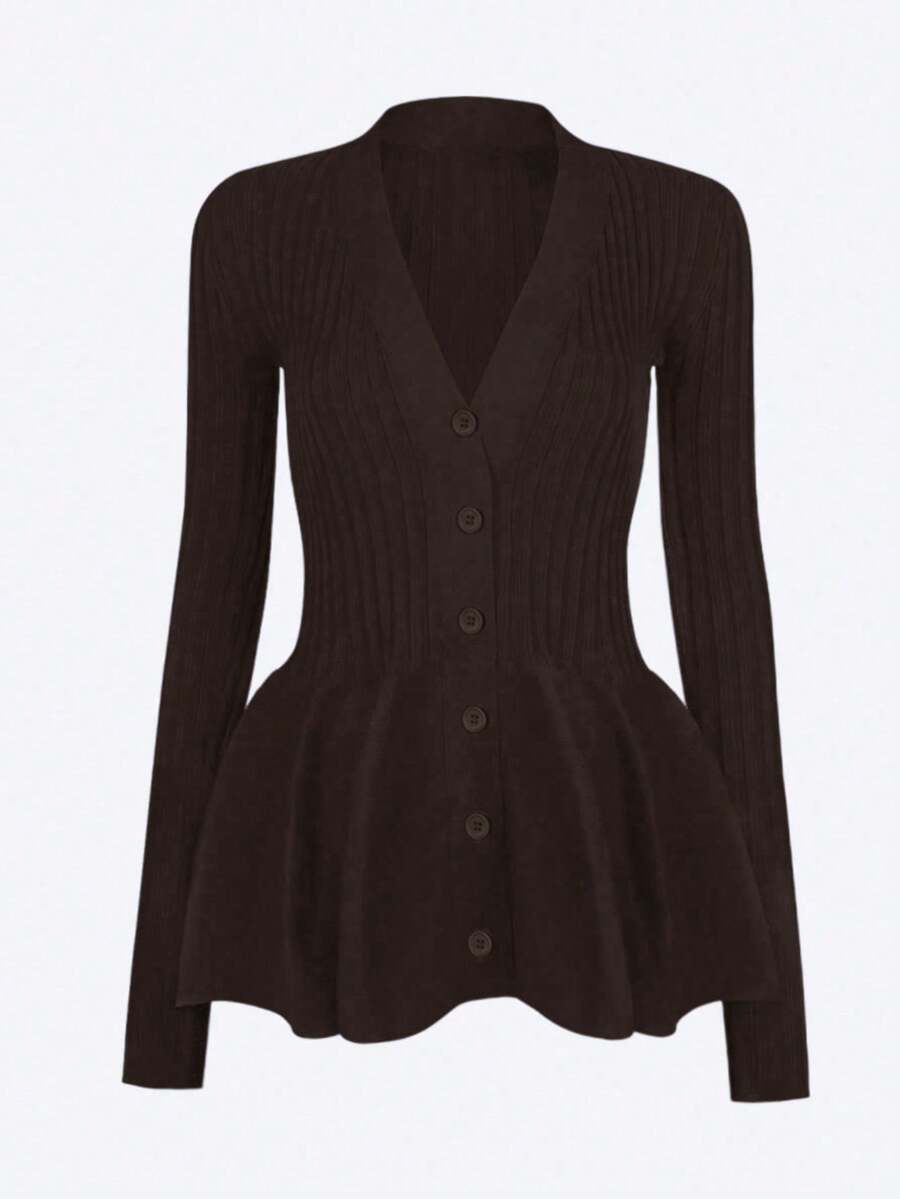 Y2K极简休闲前开V领长袖罗纹针织喇叭下摆毛衣 - 咖色 - 查看 1