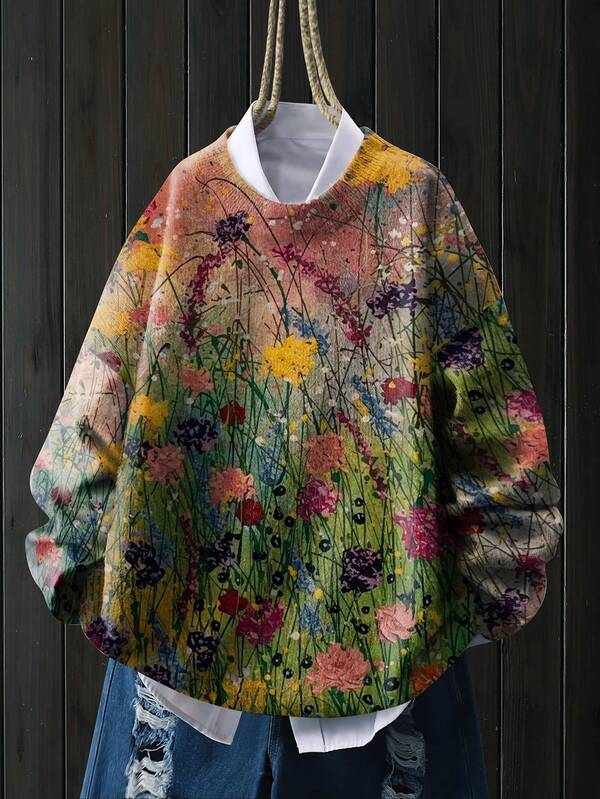 Women's Lightweight Creative Floral Print Sweater - Multicolor Floral Design, Casual Crew Neck Long Sleeve Top, Suitable For All Seasons, Layered Design, Vibrant Color Blend