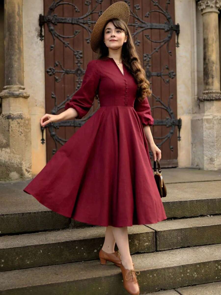 Đầm nữ cổ điển dáng vintage, thắt eo, cổ chữ V, cài cúc phía trước, thích hợp cho mùa xuân/hè. - Màu Đỏ Sâu - Xem 1
