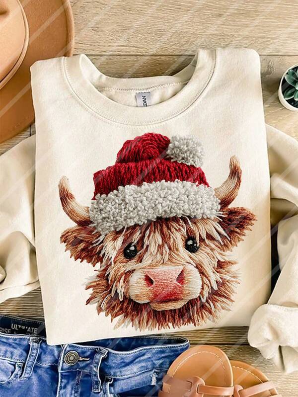 Retro Christmas Crochet Design Highland Cow DIY Iron-On Heat Transfer Sticker Decals Patch, Suitable For T-Shirts, Sweatshirts, Pillowcases, Fabric, Bags And Clothing Decoration, Winter Xmas Holiday Party Decor, 10inch