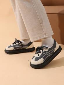 أحذية خبز قبيحة جميلة بتباين أسود وأبيض رجعية [مبطنة حرارية دافئة]، أحذية كاجوال سميكة الوحدة مع ربطة للنساء، ماركة - الأسود - مشاهدة 10