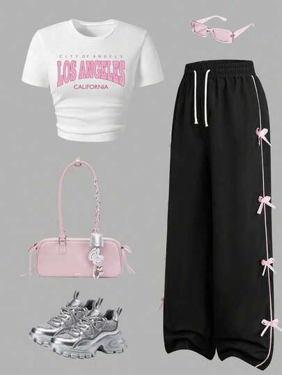 Tween Girls' Letter Print Long Sleeve Top And Bow Decor Casual Pants Set