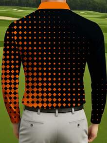 Camisa polo masculina de manga comprida para golfe, com estampa de losangos em degradê, gola clássica, tecido confortável, estilo esportivo e casual, cores contrastantes, moderna e atraente, ideal para entusiastas do golfe e para uso diário. - Multicolorido - Ver 2