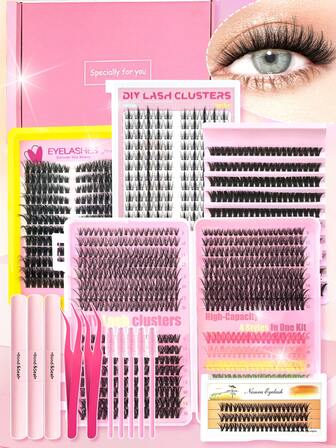 1256pcs, D Curl, Lash Clusters Lash Extension Kit DIY Lash Clusters Eyelash Extension Kit, With Lash Bond And Seal, Lash Tweezers, Brush, For Self Use,Lash Clusters Kit, Lashes, Eyelashes, Fake Lashes