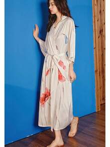 Daiwor Kout - de seda larga de satén japonesa para mujer, de baño suave y sedosa, ligera, de baño de verano - Blanco (blanco floral) - Ver 3