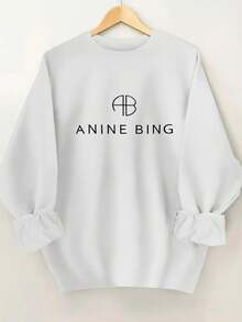 ANINE BING Women'S Casual Short Sleeve Sweatshirt - Soft & Comfortable Polyester Blend, Round Neck, All-Season Wear, White With Black Letter Print, Versatile Clothing |   Minimalist Design |   Construction, Ladies Sweaters - 白色 - 查看 6