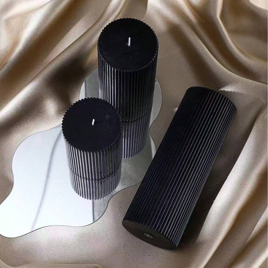 1 Set Ribbed Pillar Candles (1pc), 3 Inch Wide X 1.97 Inch, 3.94 Inch, 5.91 Inch, 7.87 Inch Tall, Large Soy Wax Scented Pillar Candles, Elegant Ribbed Modern Home Decor, Suitable For Bathroom And Living Room (Black) - Black - View 1