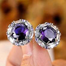 1pcs New High-End Fashion Round Stud Earrings Luxurious Women's Earrings Versatile Jewelry Women's Earrings Birthday - 紫色 - 查看 7