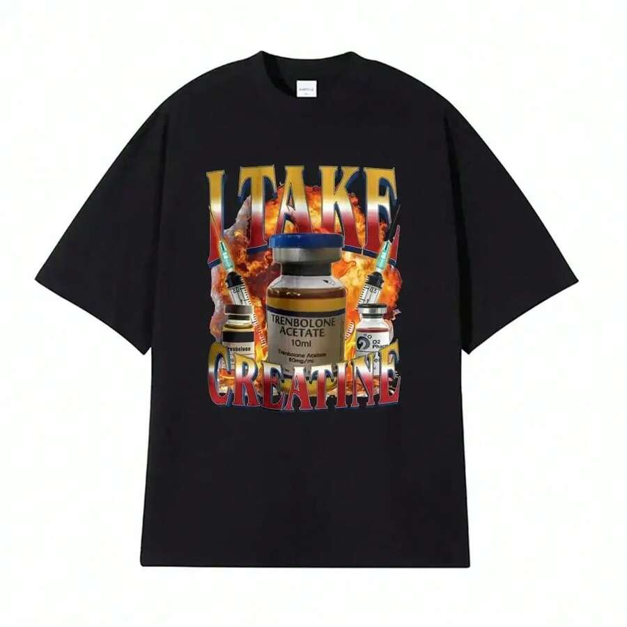 Camisetas de meme de esteroides fuera de bolsillo, divertidas, tomo creatina, camiseta de gimnasio para hombres y mujeres, camisetas casuales de manga corta hip hop - Negro - Ver 1