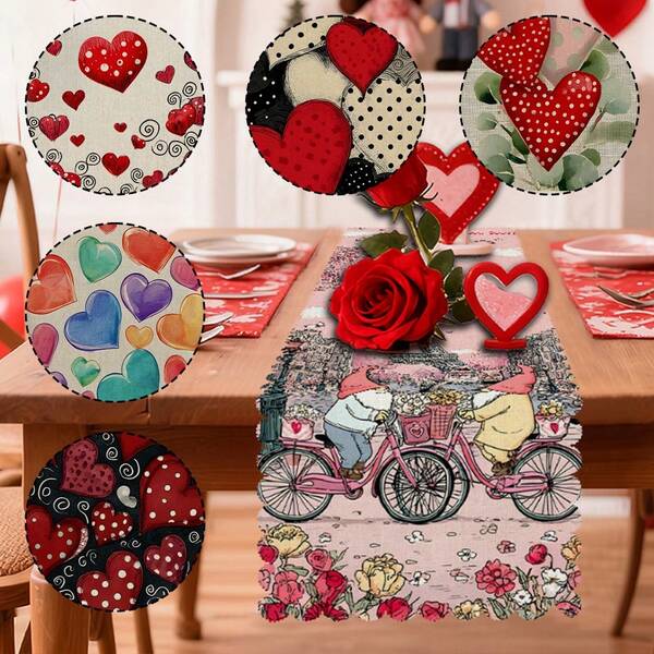 1/108 peças de bandeira de mesa com slogan e padrão de coração para o Dia dos Namorados - 100% poliéster com borda em relevo, decoração sazonal para casa, cozinha e sala de jantar, vários tamanhos, decoração durável com tema de Dia dos Namorados, adequada para reuniões familiares, festas e celebrações de fim de ano
